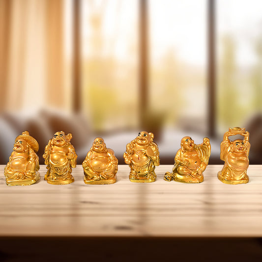 17924 Golden Laughing Buddha Set Of Six Pieces Statue For Happiness Wealth Good Luck Decor For Wealth And Success (6 Pcs Set)